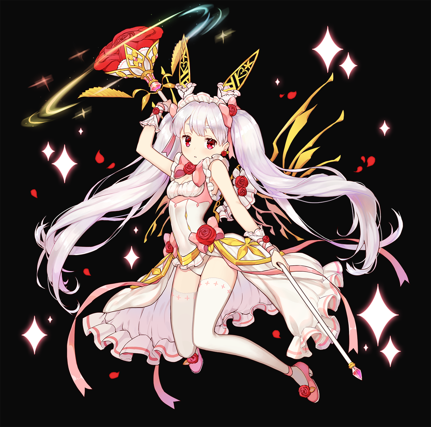 ahri (ari 30305), uasaha, kai-ri-sei million arthur, million arthur (series), highres, animal ear hairband, animal ears, black background, bow, bow flower, breasts, fake animal ears, frilled hairband, frilled leotard, frilled ribbon, frilled skirt, frills, hair bow, hairband, high heels, hip armor, holding, holding staff, leotard, long hair, mechanical wings, neck ribbon, pink bow, pink ribbon, pink shoes, rabbit ear hairband, rabbit ears, red eyes, ribbon, shoes, skirt, small breasts, staff, thighhighs, twintails, white hair, white hairband, white leotard, white skirt, white thighhighs, wings