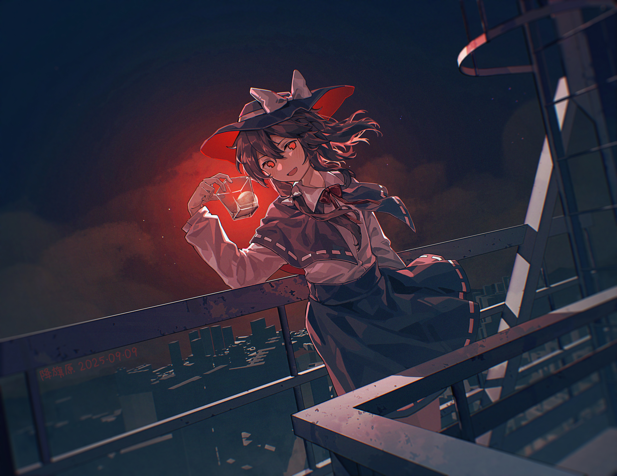 furahata gen, usami renko, touhou, chinese commentary, commentary request, highres, 1girl, artist name, black capelet, black hat, black skirt, bow, bowtie, brown hair, building, capelet, collared shirt, cup, dated, drinking glass, full moon, hat, hat bow, holding, holding cup, long sleeves, looking at viewer, moon, night, night sky, open mouth, railing, red bow, red bowtie, red eyes, red sky, ribbon-trimmed skirt, ribbon trim, rooftop, shirt, skirt, sky, smile, solo, white bow, white shirt