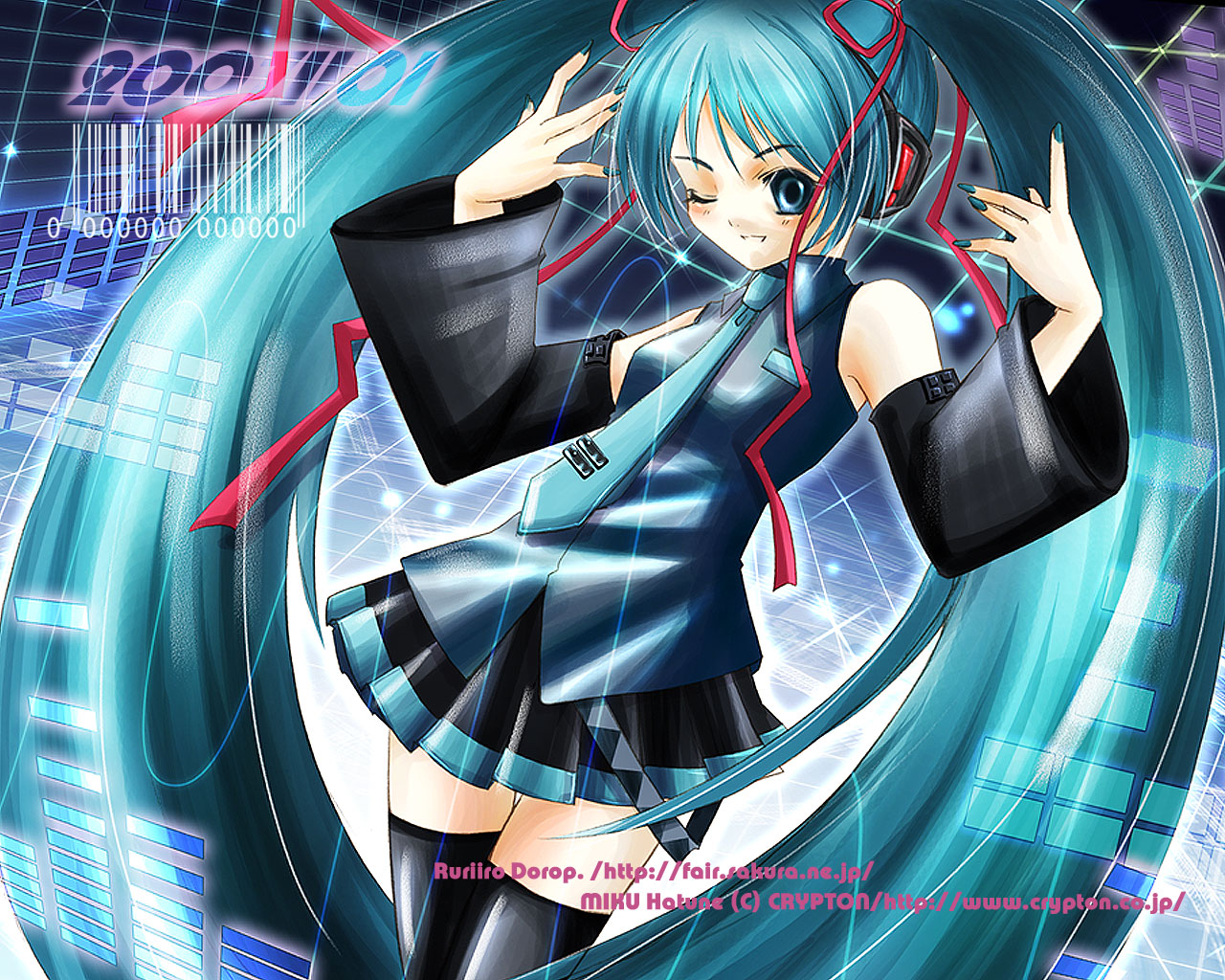 hatoyama rin, hatoyama ryo, hatsune miku, vocaloid, 1girl, barcode, female focus, long hair, solo, thighhighs, twintails, very long hair, watermark, web address