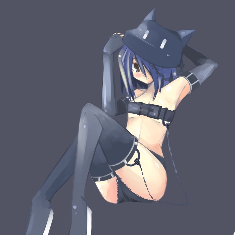 kanikama, original, 1girl, black panties, female focus, hat, lingerie, panties, simple background, solo, thighhighs, underwear, underwear only