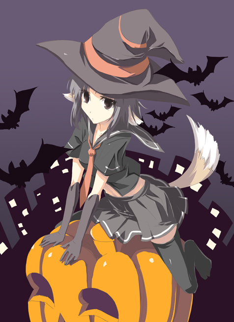 satomi (black scarecrow), original, tagme, animal ears, cat ears, halloween, solo, thighhighs