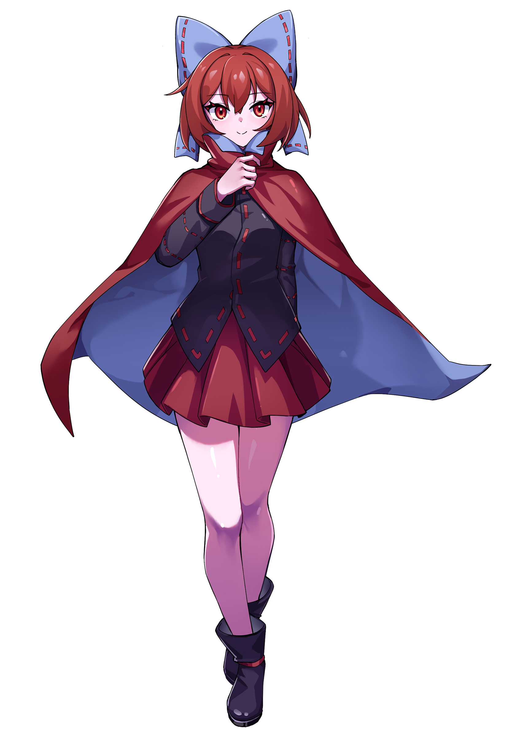 sekibanki, touhou, absurdres, artist request, commentary, commentary request, commission, english commentary, highres, mixed-language commentary, psd available, second-party source, 1girl, black boots, black shirt, blue bow, blue cape, boots, bow, breasts, cape, closed mouth, full body, hair bow, long sleeves, looking at viewer, red cape, red eyes, red hair, red skirt, ribbon-trimmed bow, ribbon trim, shirt, short hair, skirt, smile, solo, tachi-e, transparent background, two-sided cape, two-sided fabric