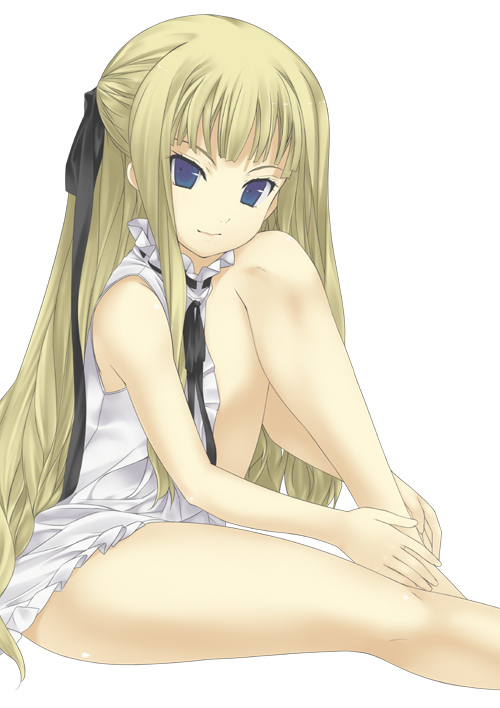 mizuki makoto, evangeline a.k. mcdowell, mahou sensei negima!, 00s, 1girl, barefoot, blonde hair, female focus, flat chest, hands on feet, hugging own legs, legs, lingerie, long hair, ribbon, simple background, solo, thighs, underwear, vampire, very long hair, white background