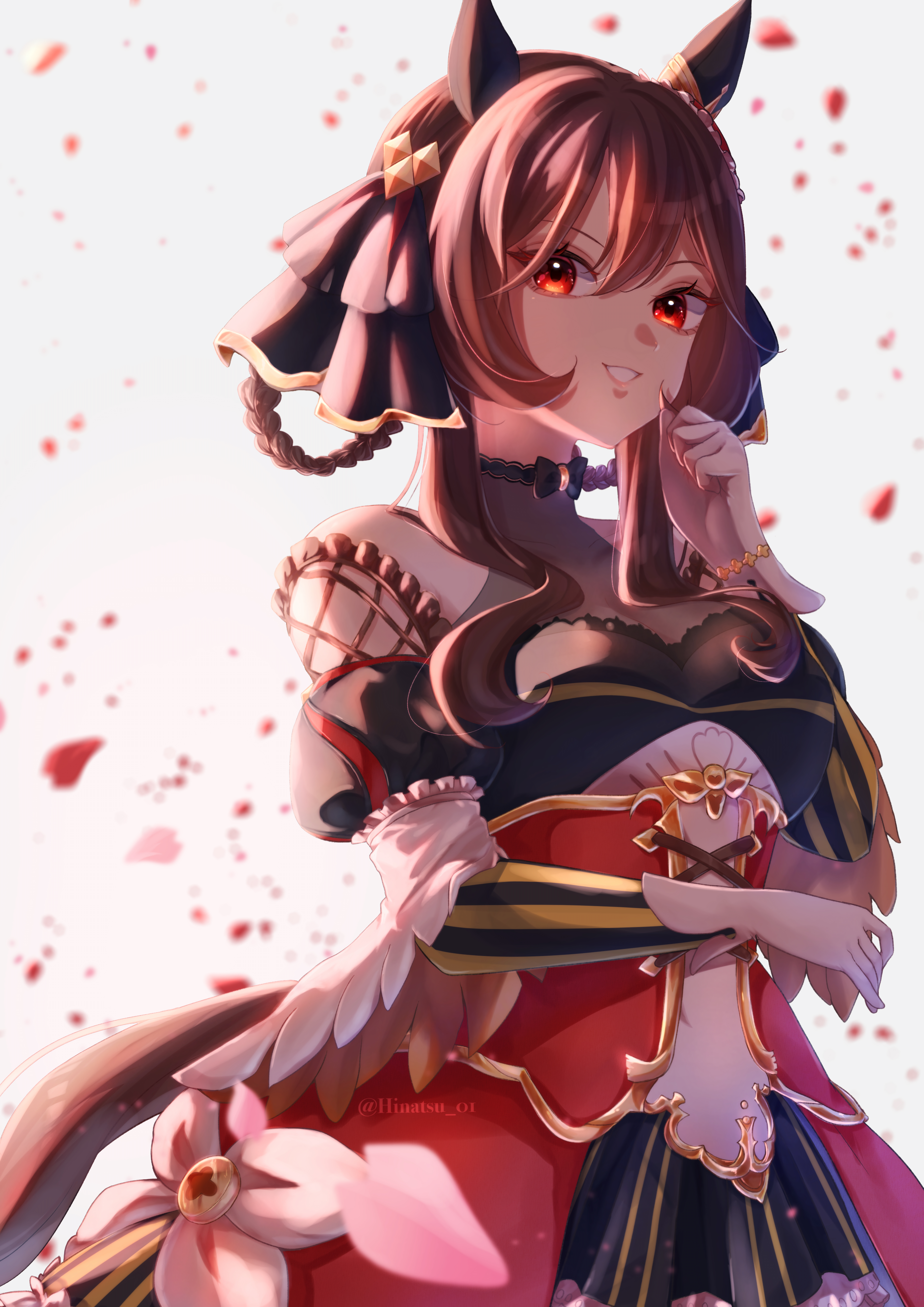 ri ri 0818, gentildonna (umamusume), umamusume, absurdres, highres, 1girl, animal ears, bare shoulders, black dress, braid, braided hair rings, breasts, brown hair, detached sleeves, dress, ear covers, grin, hair between eyes, hair rings, horse ears, horse girl, horse tail, large breasts, long hair, looking at viewer, red eyes, red skirt, see-through cleavage, see-through clothes, sidelocks, skirt, smile, solo, tail