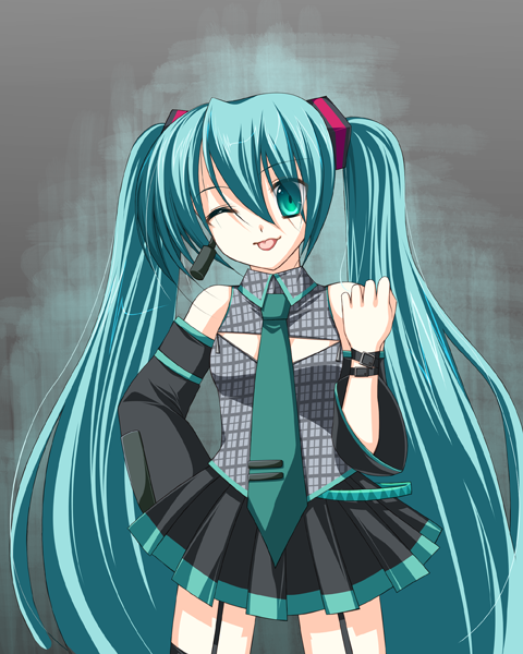 eko, hatsune miku, vocaloid, long hair, solo, thighhighs, twintails, very long hair