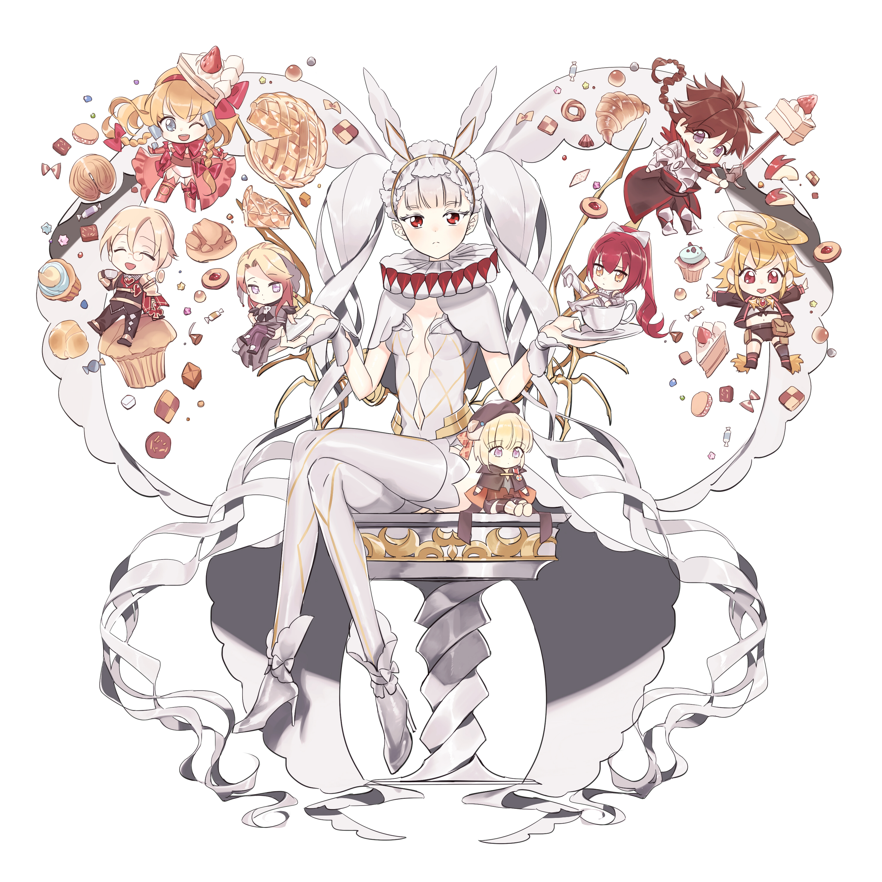 fugou arthur, touzoku arthur, uasaha, utahime arthur, youhei arthur, kai-ri-sei million arthur, million arthur (series), absurdres, highres, 3boys, 5girls, animal ear hairband, animal ears, capelet, chibi, chibi inset, cleavage cutout, clothing cutout, crossed legs, dessert, dress, fake animal ears, food, frilled hairband, frills, hairband, high heels, long hair, multiple boys, multiple girls, neck ruff, r4chip, rabbit ear hairband, rabbit ears, red eyes, shoes, sitting, thighhighs, twintails, white background, white capelet, white dress, white hairband, white shoes, white thighhighs