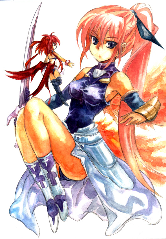 kouno hikaru, agito, agito (fusion), agito (nanoha), laevatein (nanoha), signum, lyrical nanoha, mahou shoujo lyrical nanoha, mahou shoujo lyrical nanoha strikers, 00s, 2girls, alternate weapon, fiery wings, fire, magical girl, mini person, minigirl, multiple girls, ponytail, sword, unison (nanoha), waist cape, weapon, wings