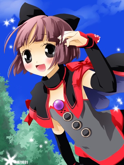 noto (soranoto), original, 1girl, bow, bridal gauntlets, cropped jacket, female focus, grey eyes, hair bow, pink hair, short hair, solo, tree