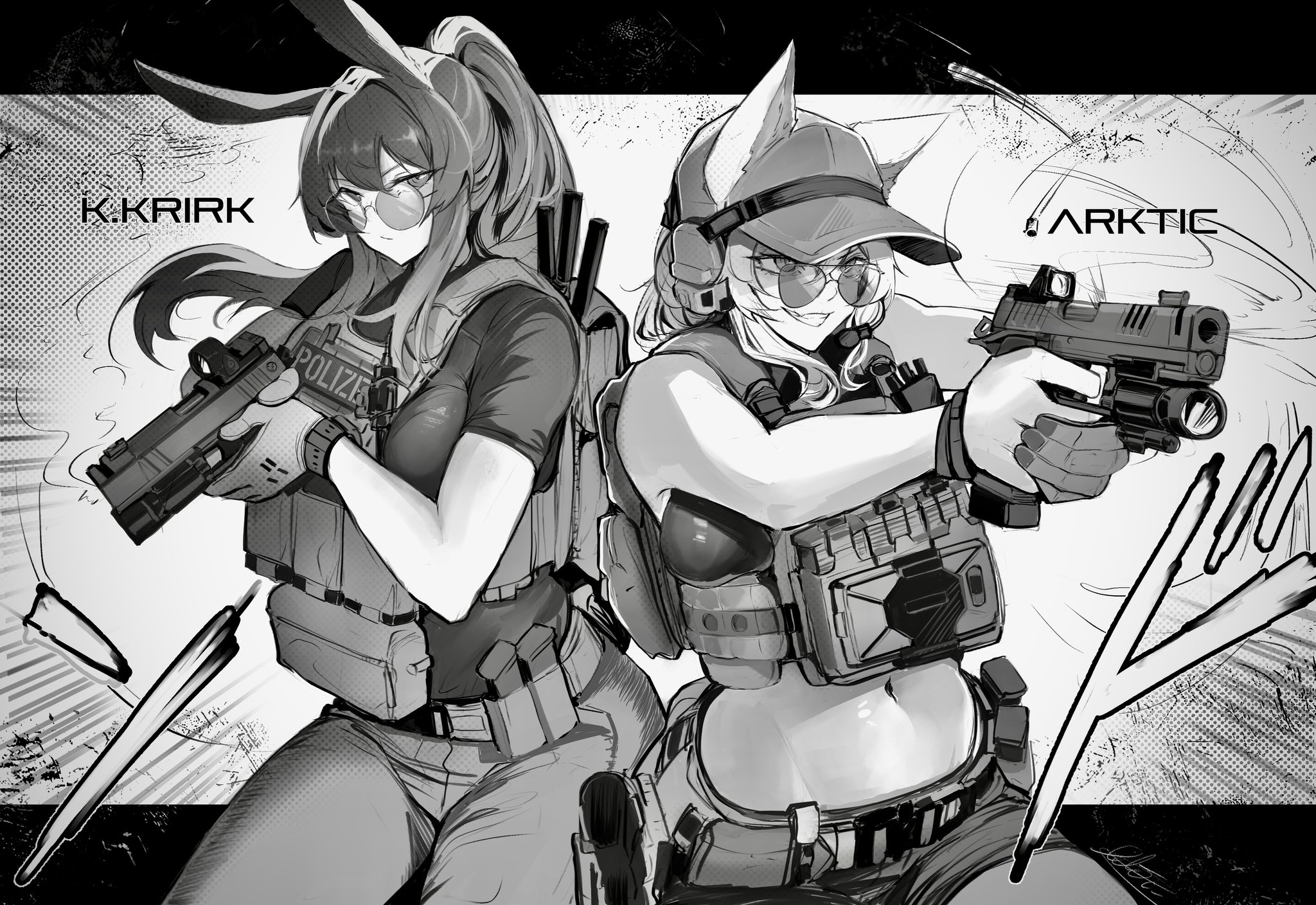 arktic, original, highres, 2girls, aiming, animal ears, artist name, baseball cap, borrowed character, breasts, bulletproof vest, clenched teeth, closed mouth, ear protection, finger on trigger, flashlight, gloves, greyscale, gun, handgun, hat, holding, holding gun, holding weapon, long hair, midriff, monochrome, multiple girls, navel, pants, ponytail, rabbit ears, shirt, shorts, simple background, smile, staccato 2011, sunglasses, t-shirt, tactical clothes, teeth, weapon