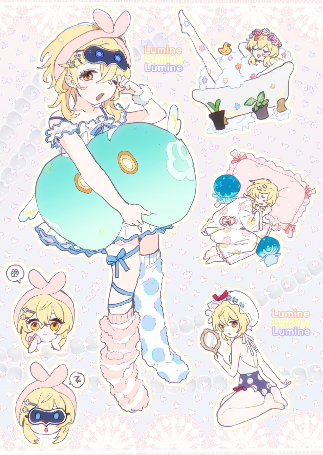 dal-gi, anemo slime (genshin impact), lumine (genshin impact), slime (genshin impact), genshin impact, highres, 1girl, :d, bath, bathing, bathtub, blonde hair, brown eyes, bubble bath, character name, chemise, closed eyes, eye mask, flower, flower wreath, full body, fur socks, hair flower, hair ornament, hairband, hand up, head wreath, holding, holding mirror, holding stuffed toy, kneeling, leg up, looking at viewer, mirror, multiple views, one eye closed, open mouth, pajamas, pink background, pink hairband, rubber duck, rubbing eyes, sleeping, sleepy, smile, solo focus, stuffed animal, stuffed toy, white chemise, white pajamas, yawning