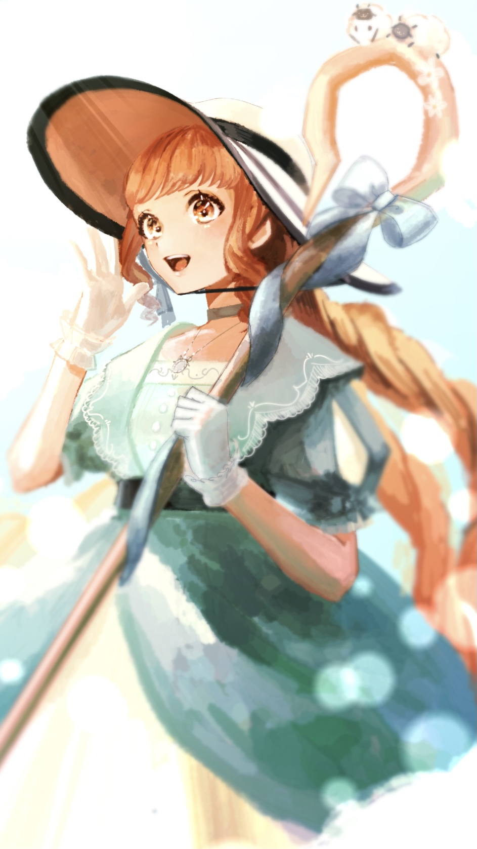1 hcs, betty's lamb (shining nikki), nikki (series), shining nikki, highres, 1girl, aqua bow, aqua choker, aqua dress, blue bow, blue sky, blunt bangs, bonnet, bow, braid, brown eyes, brown hair, buttons, choker, cloud, collared dress, day, dress, eyelashes, feet out of frame, gown, hair through headwear, hand on headwear, happy, holding, holding staff, jewelry, layered dress, light blush, light particles, long dress, long hair, looking ahead, low twin braids, necklace, one-hour drawing challenge, open mouth, outdoors, puffy short sleeves, puffy sleeves, sheep, short sleeves, shouting, sky, sleeve bow, smile, solo, staff, sunlight, tareme, teeth, twin braids, upper teeth only, very long hair, white bonnet, yellow dress