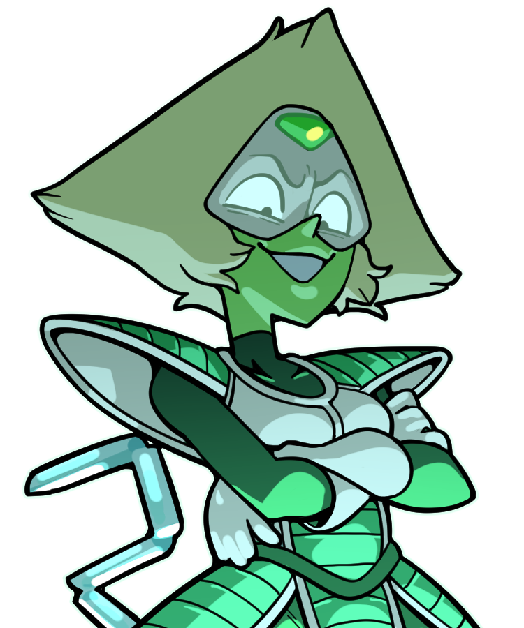 discount-supervillain, peridot (steven universe), dragon ball, steven universe, 1girl, alien, alternate costume, blonde hair, breasts, colored skin, cosplay, face shield, forehead jewel, gem, green skin, short hair, simple background, smile, solo