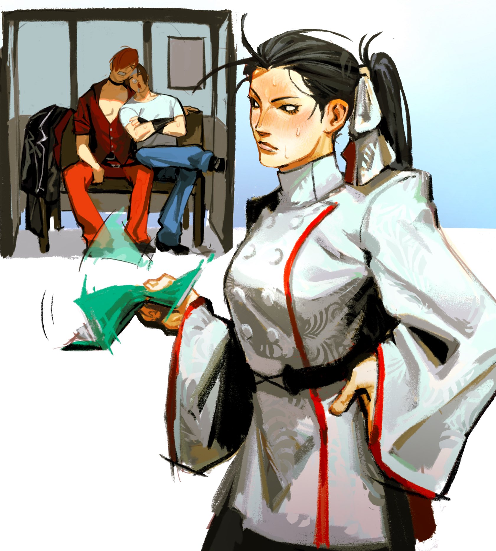 funnvyalentine, kagura chizuru, kusanagi kyou, yagami iori, the king of fighters, 1girl, black eyes, black hair, breasts, buttons, dress, female focus, formal clothes, long hair, long sleeves, medium breasts, outdoors, pale skin, pants, standing, sweat, sweatdrop, water drop