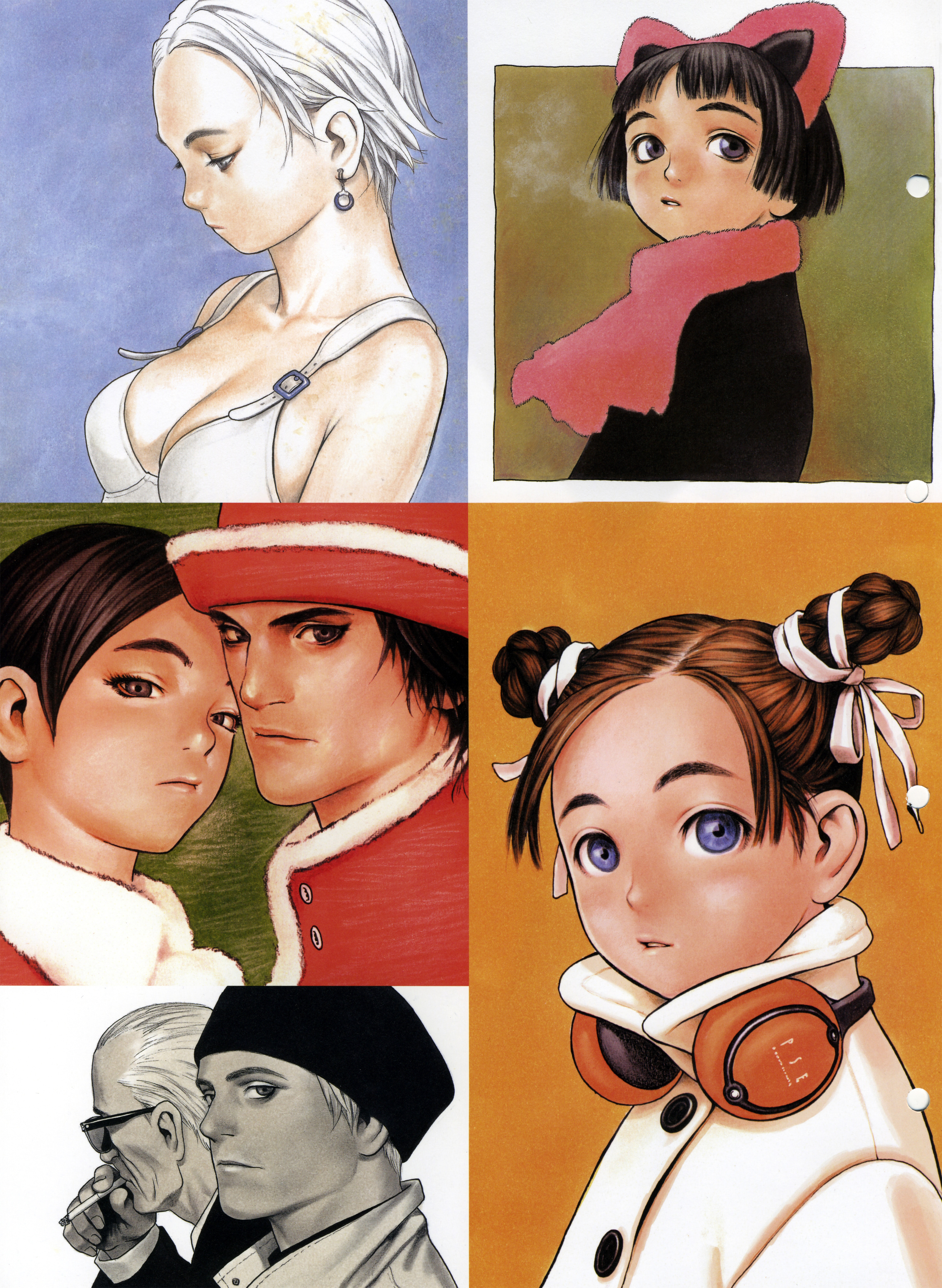 murata range, form code, absurdres, highres, scan, 3boys, 4girls, collage, multiple boys, multiple girls, parted bangs