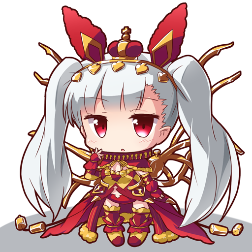 ryogo, uasaha, kai-ri-sei million arthur, million arthur (series), 1girl, animal ear hairband, animal ears, capelet, chibi, crown, dress, fake animal ears, gold hairband, hairband, long hair, mechanical wings, neck ruff, open mouth, panties, rabbit ear hairband, rabbit ears, red capelet, red dress, red eyes, red panties, red shoes, red thighhighs, shoes, solo, thighhighs, twintails, underwear, white hair, wings