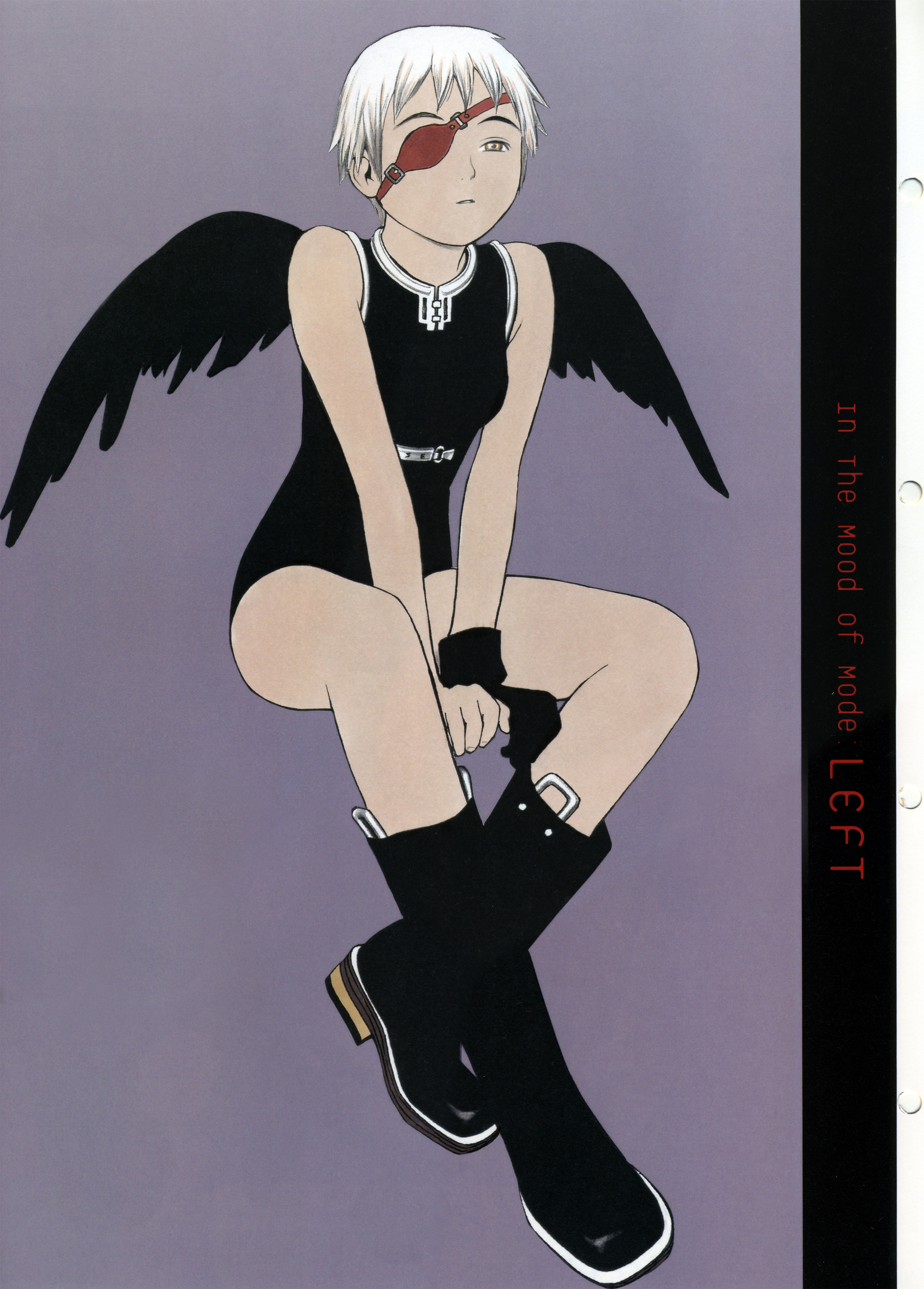 murata range, form code, absurdres, highres, scan, black boots, boots, eyepatch, full body, purple background, short hair, solo, white hair, wings