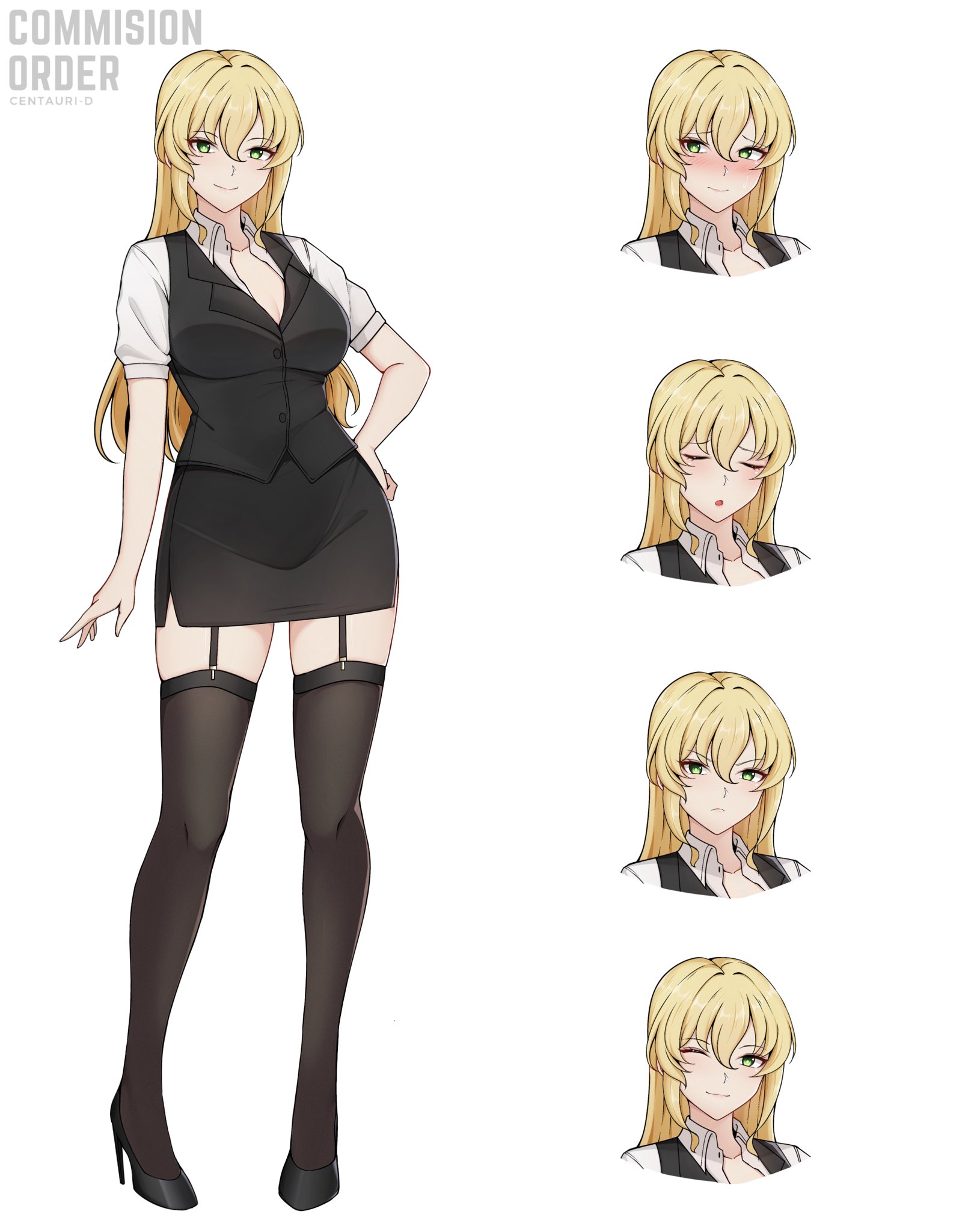 centauri-d, original, commission, highres, 1girl, black thighhighs, black vest, blonde hair, blush, frown, full body, garter straps, green eyes, hair between eyes, high heels, long hair, multiple expressions, office lady, one eye closed, pencil skirt, pigeon-toed, reference sheet, sigh, skirt, smile, thighhighs, vest