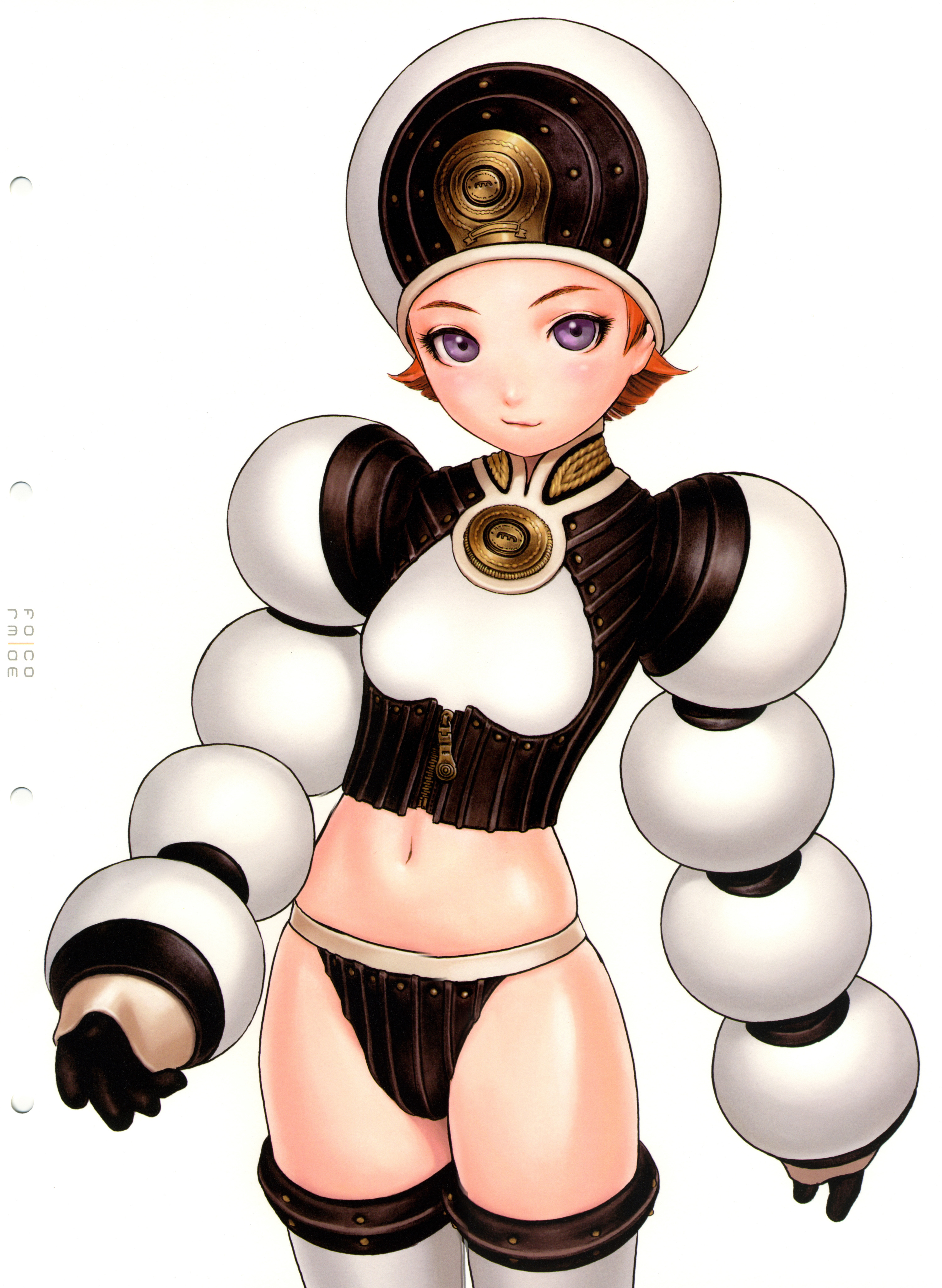 murata range, form code, absurdres, highres, scan, blue eyes, cowboy shot, midriff, red hair, short hair, thighhighs