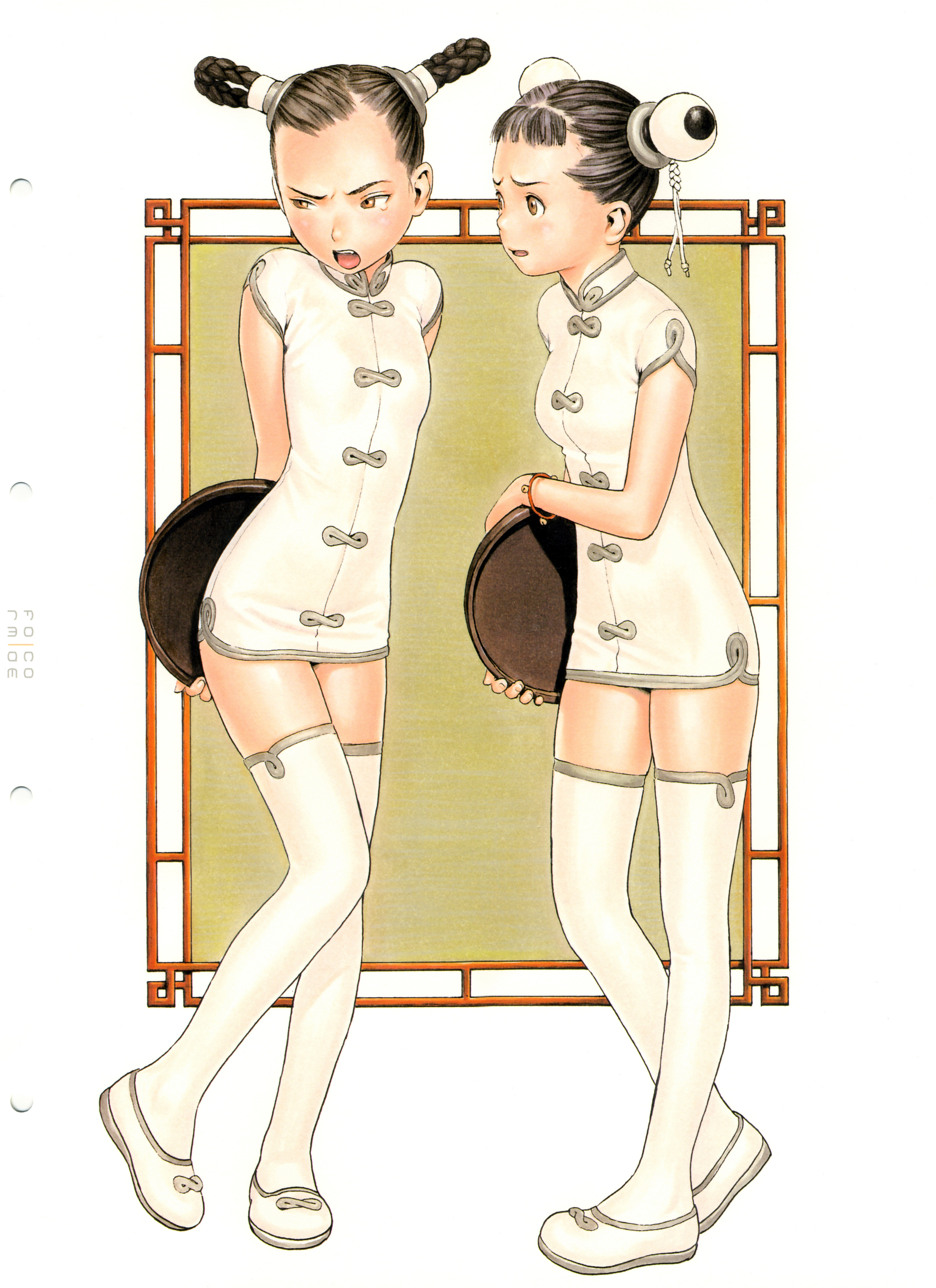 murata range, form code, absurdres, highres, scan, averting eyes, black hair, brown eyes, china dress, chinese clothes, dress, thighhighs, waitress