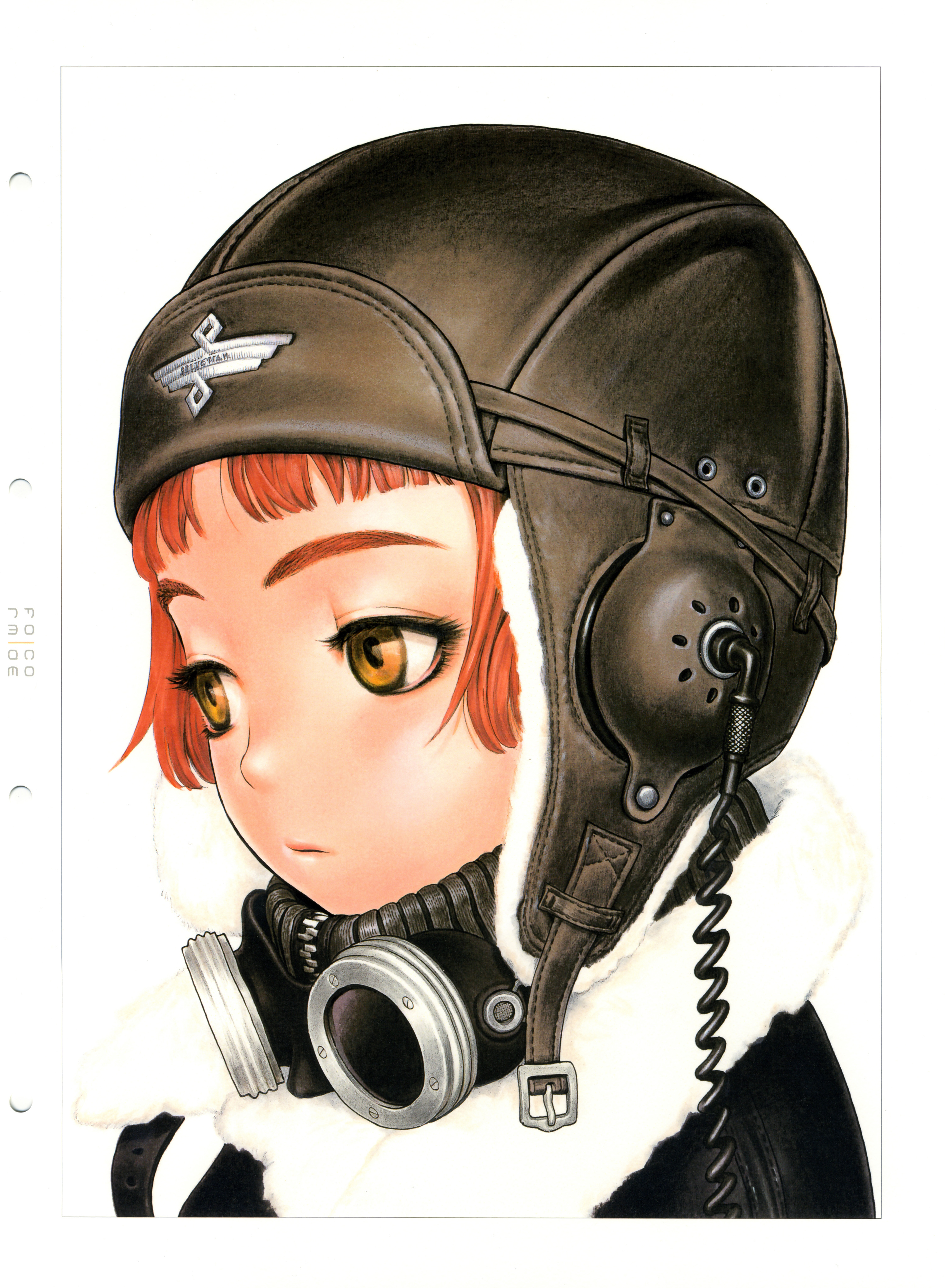 murata range, lavie head, form code, last exile, absurdres, highres, scan, 00s, blunt bangs, bob cut, brown eyes, cable, goggles, leather, pilot, portrait, red hair, scar, short hair, solo, steampunk, stitches