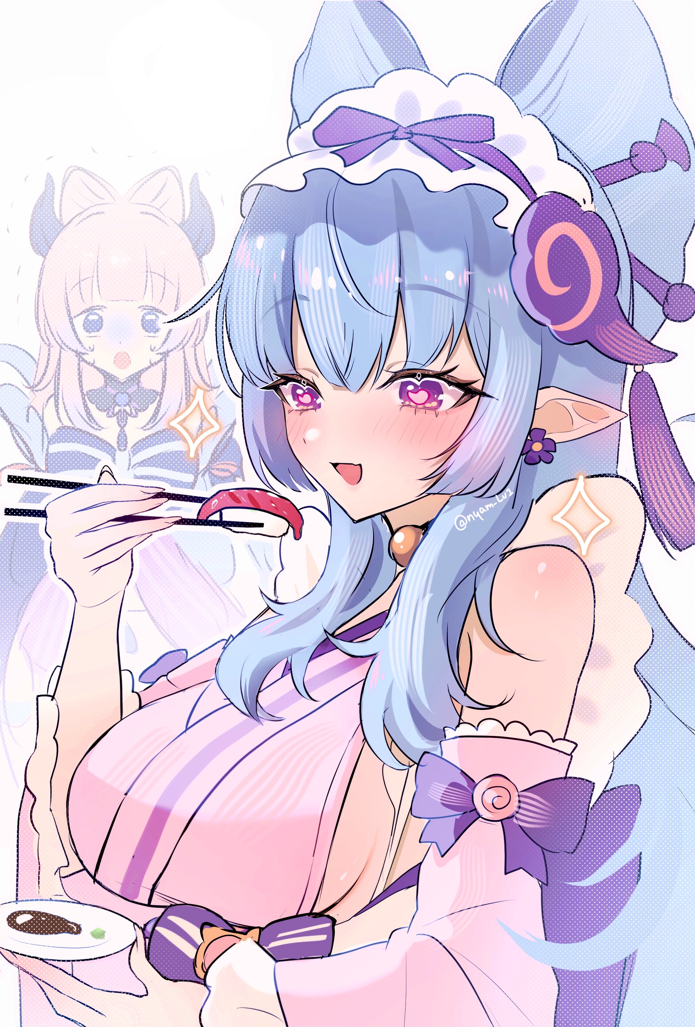 nyamo-lv0, sangonomiya kokomi, yumemizuki mizuki, genshin impact, absurdres, commentary request, highres, 2girls, :o, arm up, bare shoulders, blue collar, blue eyes, blue hair, blush, bow, breasts, chopsticks, collar, crossed bangs, detached collar, detached sleeves, dress, earrings, fingernails, flower, flower earrings, food, frilled sleeves, frills, from side, hands up, holding, holding chopsticks, holding plate, horns, japanese clothes, jewelry, kimono, large breasts, long fingernails, long hair, looking at another, looking at food, maid, maid headdress, multicolored eyes, multiple girls, nihongami, open mouth, pink eyes, pink hair, pink kimono, pink pupils, plate, pointy ears, purple bow, purple eyes, purple flower, purple horns, rice, salmon, sash, sidelocks, simple background, single earring, sleeveless, sleeveless dress, sparkle, sushi, sweat, trembling, twitter username, upper body, white background