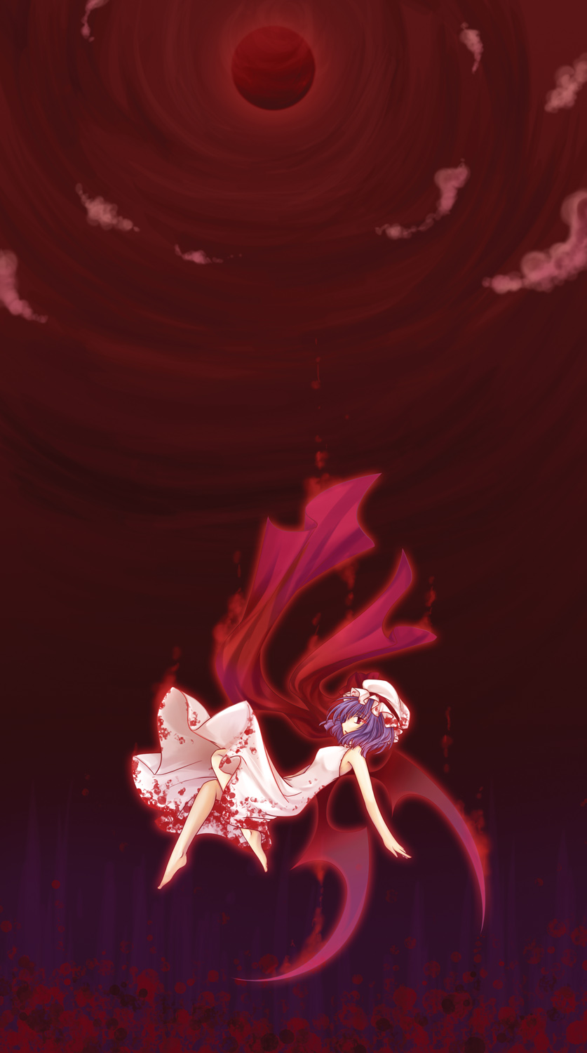 juuni chacha, x20285, remilia scarlet, touhou, highres, 1girl, blood, blue hair, dress, female focus, full moon, hat, hat ribbon, moon, red eyes, red moon, ribbon, short hair, solo, wings