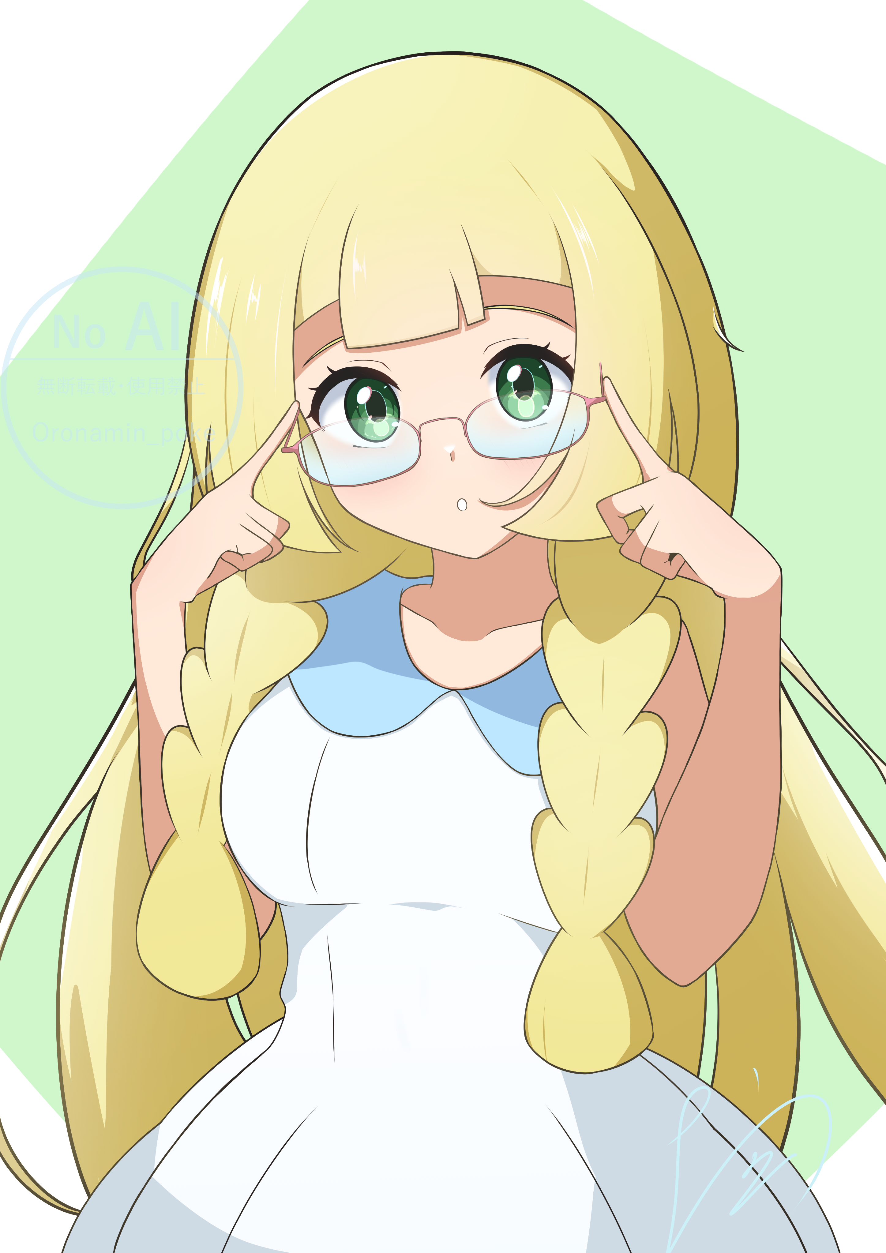 oronamin poke, lillie (pokemon), nintendo, pokemon, pokemon sm, absurdres, highres, 1girl, :o, blonde hair, braid, dress, eyelashes, glasses, green eyes, long hair, looking at viewer, open mouth, simple background, sleeveless, sleeveless dress, solo, twin braids, white dress