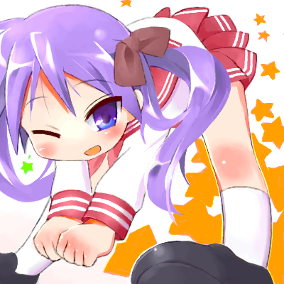 9law, hiiragi kagami, lucky star, lowres, 00s, 1girl, black shoes, blouse, eyes visible through hair, female focus, foreshortening, miniskirt, oekaki, school uniform, serafuku, shirt, shoes, skirt, socks, solo, tsurime, twintails, white background, white shirt, white socks