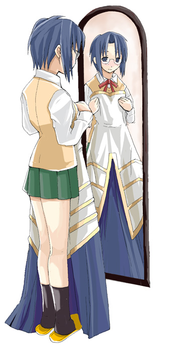 ciel (tsukihime), tsukihime, tagme, cosplay, glasses, mirror, school uniform, serafuku, solo