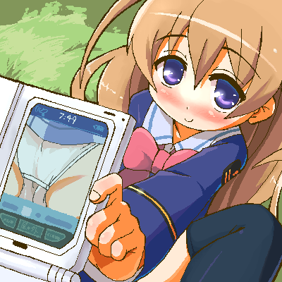 9law, odori momoha, gakuen utopia manabi straight!, lowres, 00s, 1girl, blush, bow, camera, cellphone, female focus, loli, oekaki, panties, pantyshot, phone, pink bow, selfie, solo, thighhighs, underwear, upskirt, viewfinder