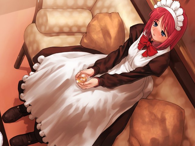 hisui (tsukihime), tsukihime, 00s, alcohol, blush, drink, drunk, dutch angle, from above, glass, maid, ribbon, sitting, solo