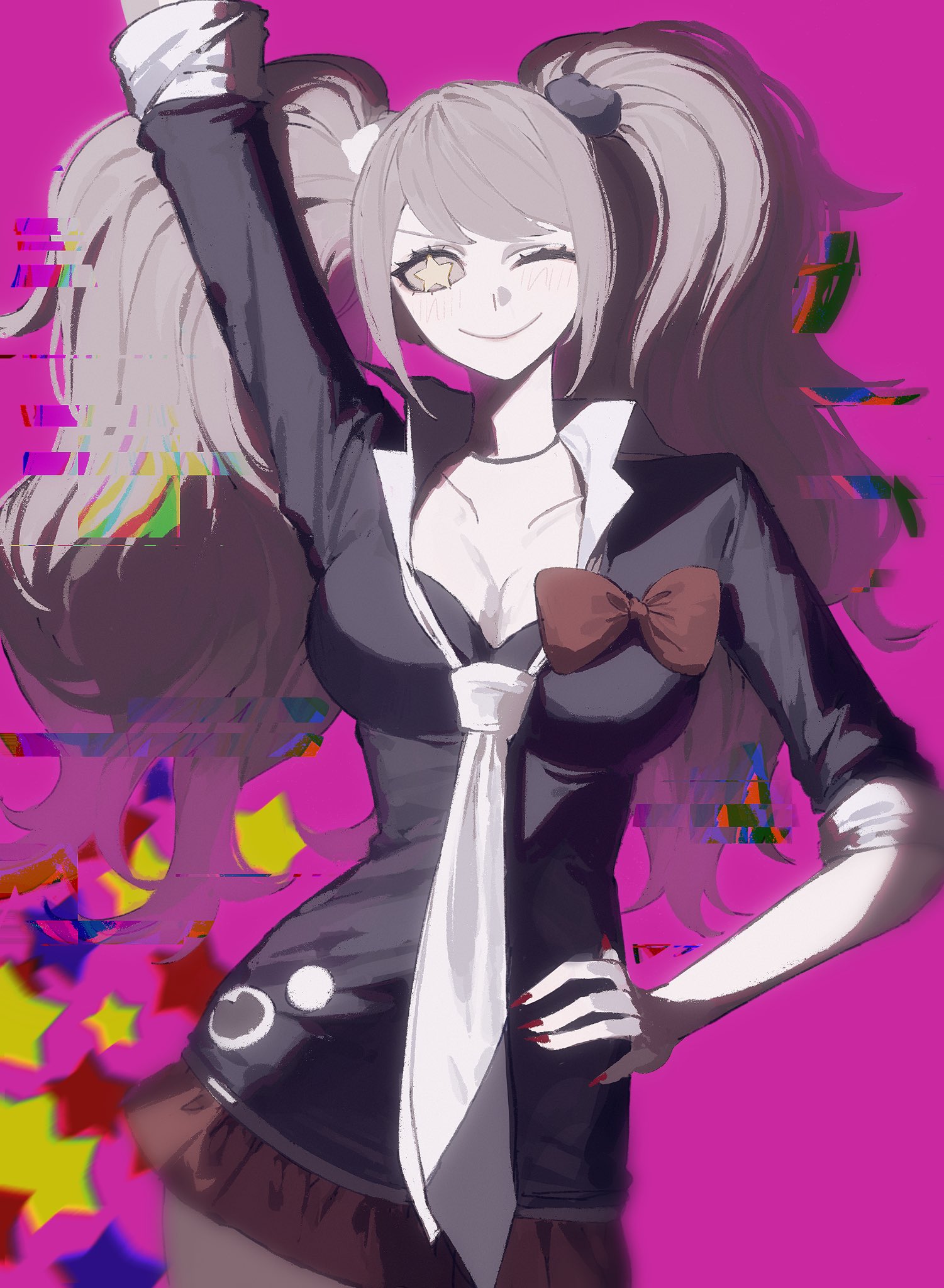 mumu 003, enoshima junko, danganronpa: trigger happy havoc, danganronpa (series), highres, 1girl, arm up, bear hair ornament, black shirt, blonde hair, blue eyes, bow, breasts, choker, cleavage, collarbone, hair ornament, large breasts, long hair, looking at viewer, nail polish, necktie, red bow, shirt, skirt, smile, solo, star (symbol), star in eye, symbol in eye, twintails
