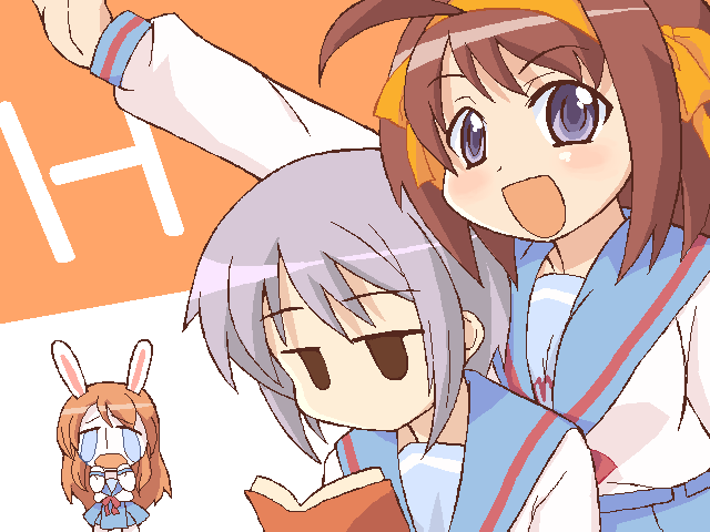 9law, asahina mikuru, ichijou, katagiri himeko, mesousa, nagato yuki, suzumiya haruhi, pani poni dash!, suzumiya haruhi no yuuutsu, ahoge, asahina mikuru (cosplay), blue eyes, book, cosplay, hairband, nagato yuki (cosplay), oekaki, parody, school uniform, serafuku, suzumiya haruhi (cosplay)