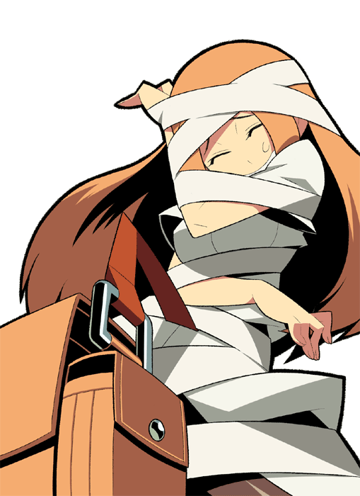itsumo nokoru, medic (sekaiju), medic 4 (sekaiju), etrian odyssey, sekaiju no meikyuu, sekaiju no meikyuu 1, archived source, 1girl, anime coloring, arm under breasts, bag, bandages, black outline, blonde hair, brown pantyhose, buttons, closed eyes, coat, fingernails, furrowed brow, nurse, outline, pantyhose, pouch, short sleeves, shoulder bag, simple background, solo, straight hair, sweatdrop, teeth, thick outlines, white background, white coat, white sleeves, yellow bag