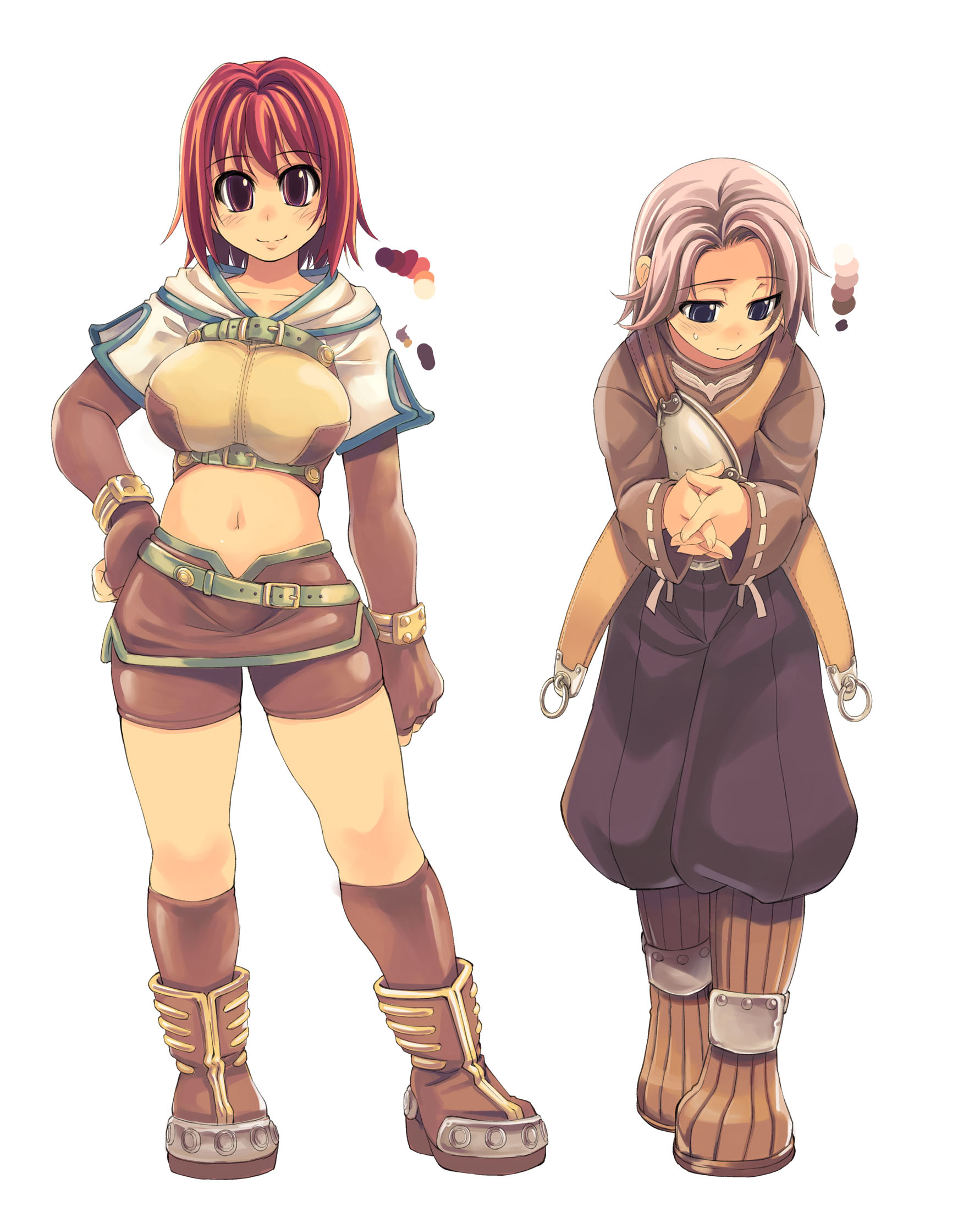 mil (xration), hunter (ragnarok online), ragnarok online, highres, 1boy, 1girl, blush, boots, breasts, color guide, contrapposto, fingerless gloves, full body, gloves, hand on own hip, hunter, large breasts, looking at viewer, shorts, simple background, standing, white background
