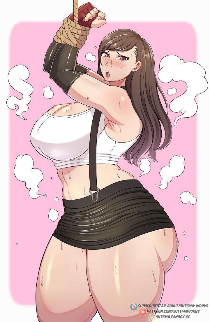 tifa lockhart, final fantasy, final fantasy vii, 1girl, bdsm, bondage, bound, breasts, huge breasts, long hair, sweat