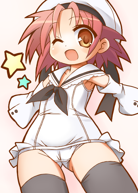9law, kogami akira, lucky star, uniform, 00s, beret, hat, one eye closed, solo, thighhighs, wink