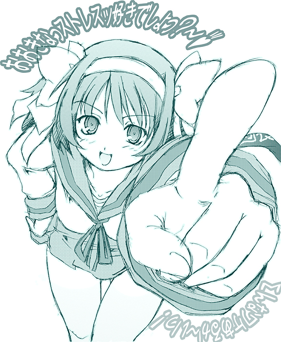 hase nanase, suzumiya haruhi, suzumiya haruhi no yuuutsu, 00s, 1girl, :d, aqua theme, female focus, foreshortening, hairband, hand on own hip, looking at viewer, monochrome, open mouth, pointing, pointing at viewer, school uniform, serafuku, simple background, skirt, smile, solo, white background