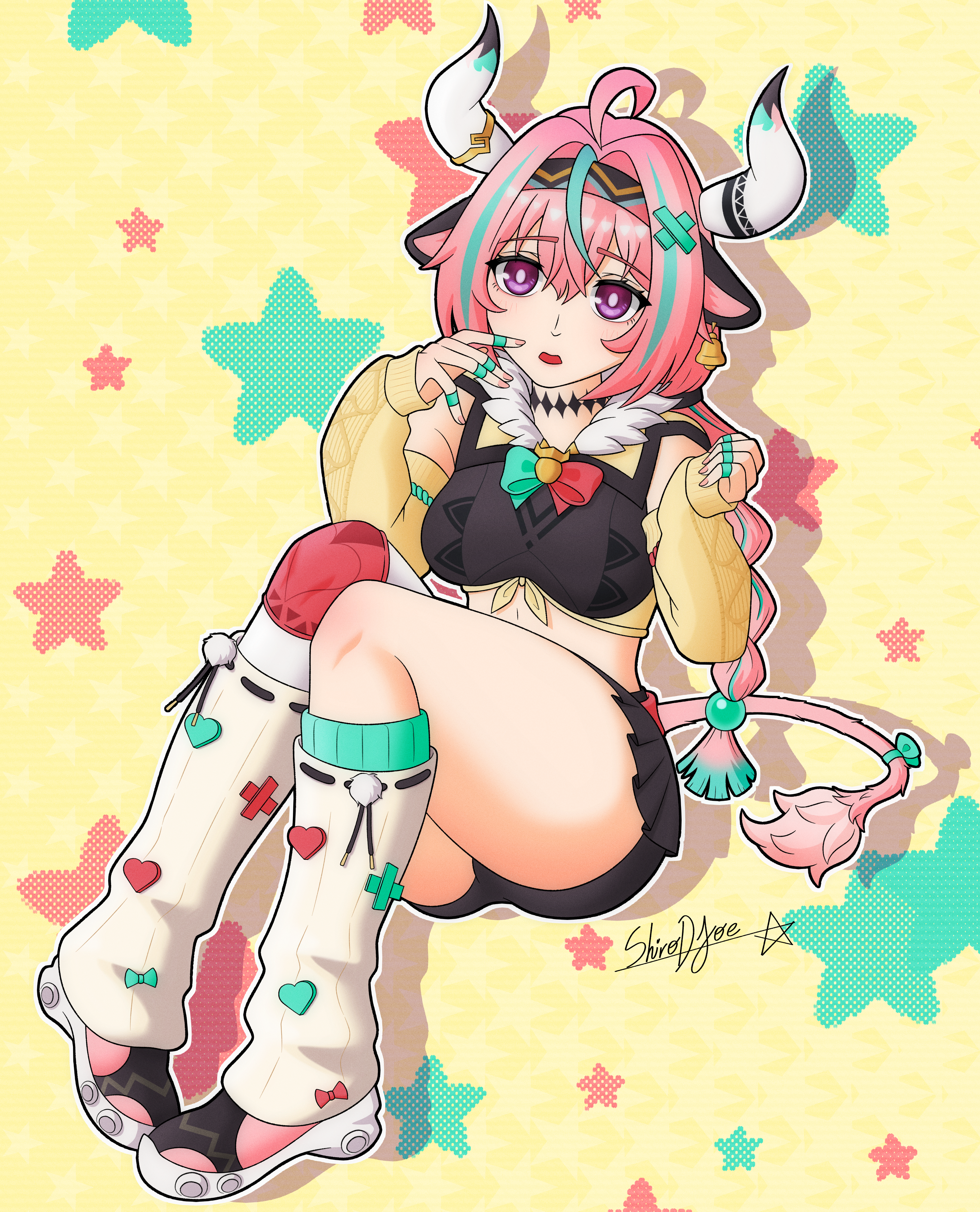 varesa (genshin impact), genshin impact, absurdres, highres, animal ears, cow ears, cow horns, cow tail, horns, pink hair, purple eyes, shiro d joestar, tail