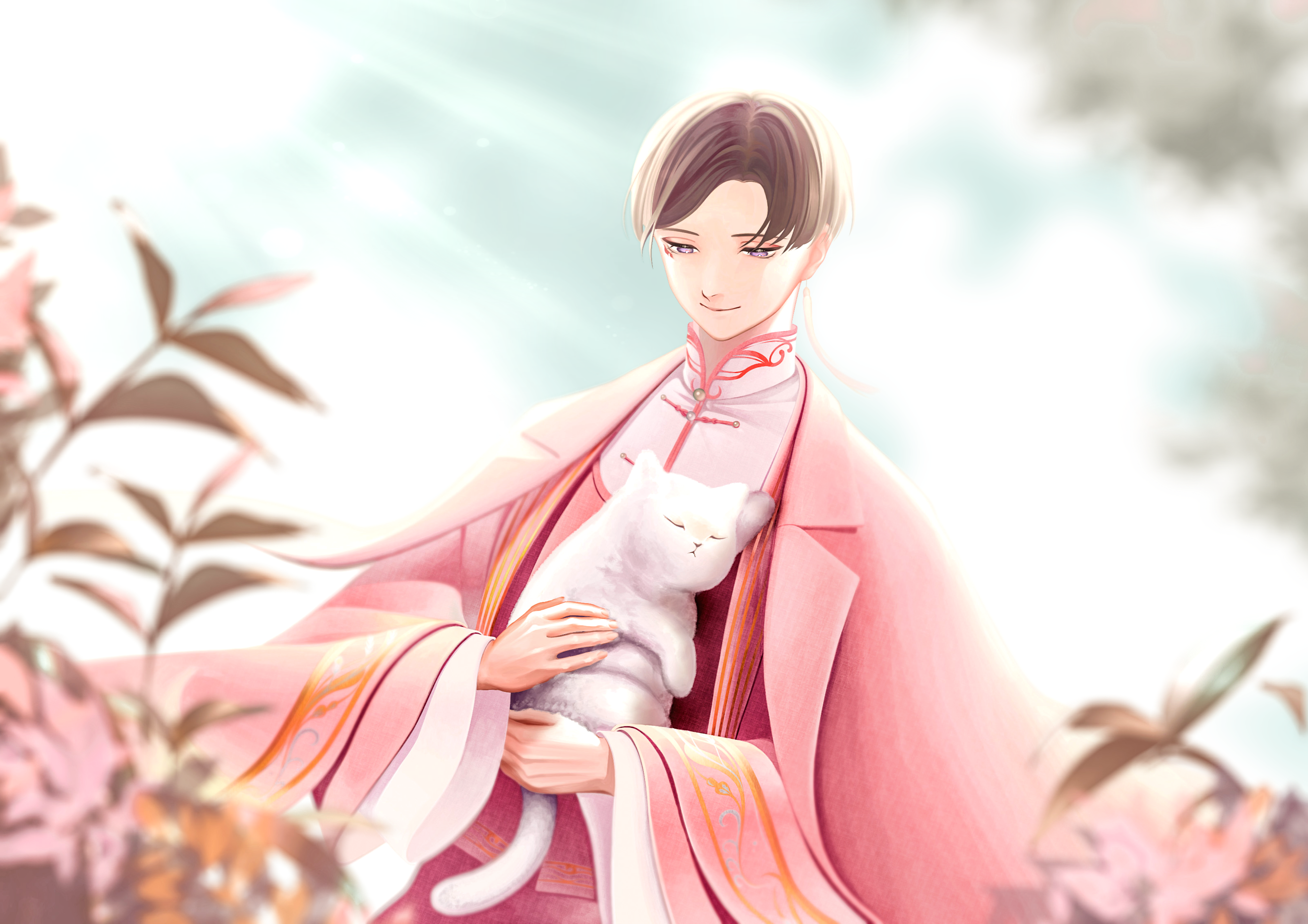1 hcs, nikki (series), shining nikki, absurdres, highres, 1boy, animal, blue sky, brown hair, cat, chinese clothes, closed mouth, cloud, cowboy shot, day, downturned eyes, dutch angle, earrings, floating earrings, hanfu, happy, high collar, holding, holding animal, holding cat, jewelry, lapels, light particles, light rays, lips, long sleeves, looking at animal, male focus, mandarin collar, marking on cheek, notched lapels, outdoors, parted bangs, pink hanfu, pink robe, plant, purple eyes, qin yi, robe, robe on shoulders, short hair, single earring, sky, smile, solo, standing, sun, sunlight, tassel, tassel earrings, tree, two-tone hanfu, white cat, white hanfu, wide sleeves