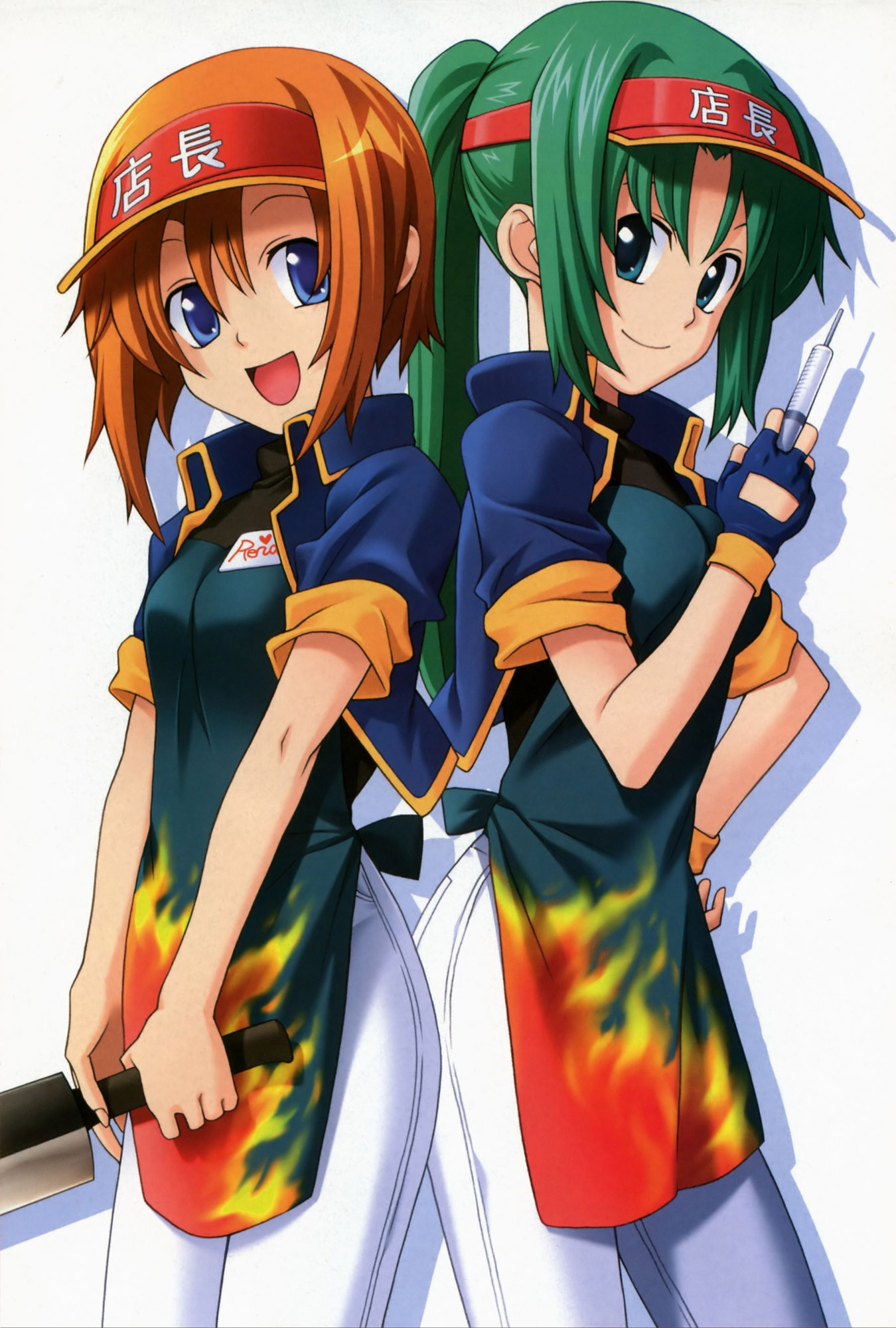 rato, ryuuguu rena, sonozaki mion, anime tenchou, higurashi no naku koro ni, visor, highres, 00s, 2girls, apron, billhook, gloves, green hair, hatchet, multiple girls, nata (tool), syringe, visor cap
