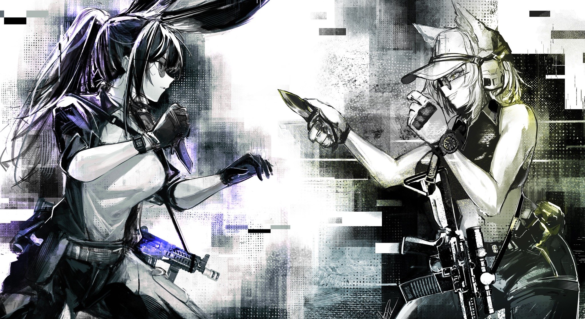 krirk, original, commentary, english commentary, highres, 2girls, aks-74u, animal ears, ar-15, assault rifle, baseball cap, borrowed character, clenched teeth, fighting stance, from side, gloves, greyscale, gun, hat, holding, holding knife, kalashnikov rifle, knife, looking at another, monochrome, multiple girls, pants, parted lips, ponytail, rabbit ears, rifle, scope, smile, spot color, sunglasses, tactical clothes, teeth, watch, weapon, wristwatch
