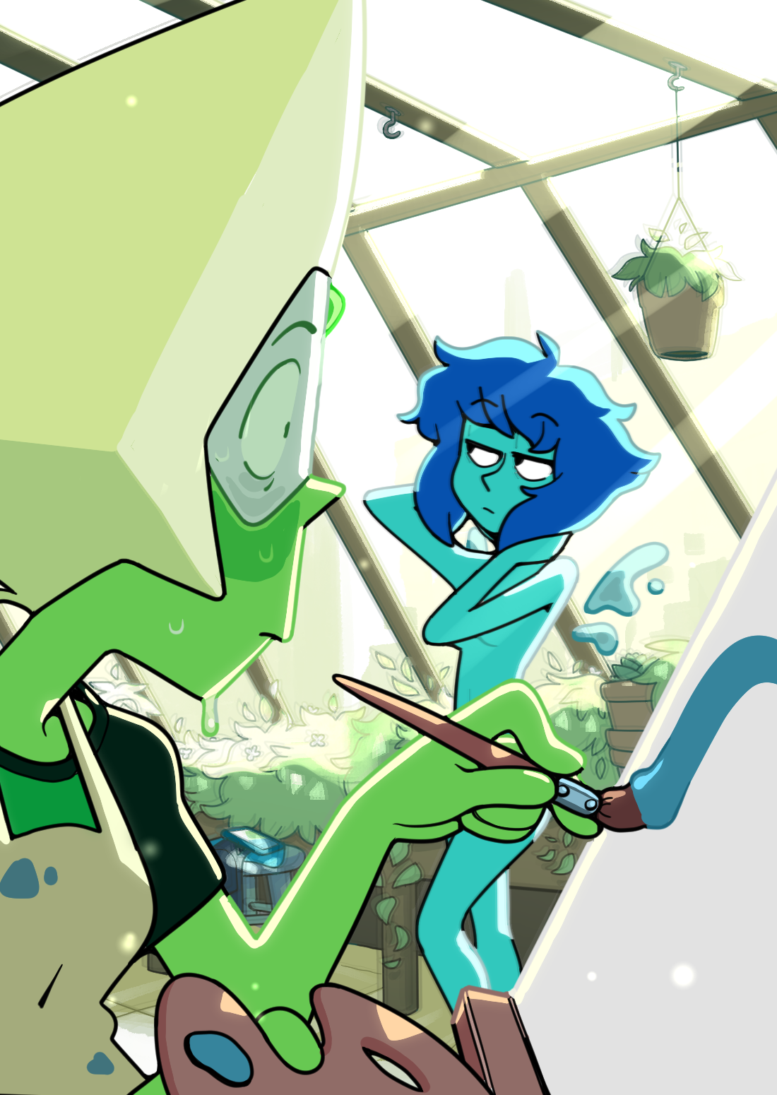 discount-supervillain, lapis lazuli (steven universe), peridot (steven universe), steven universe, highres, 2girls, alien, alternate costume, blonde hair, blue hair, breasts, colored skin, completely nude, face shield, forehead jewel, gem, green skin, lapis lazuli (species) (steven universe), multiple girls, nude, short hair, yuri