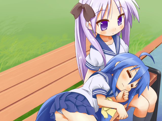 9law, hiiragi kagami, izumi konata, lucky star, bad id, bad pixiv id, 00s, 2girls, :3, ahoge, black socks, blue eyes, blue hair, blush, embarrassed, hair ribbon, kneehighs, lap pillow, long hair, mole, mole under eye, multiple girls, panties, pantyshot, pleated skirt, purple hair, ribbon, school uniform, serafuku, skirt, sleeping, socks, tsurime, twintails, underwear