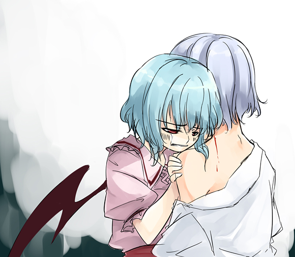 sakuraba yuuki, izayoi sakuya, remilia scarlet, touhou, 2girls, back, bat wings, blood, blue hair, crying, crying with eyes open, female focus, grey hair, multiple girls, red eyes, short sleeves, tears, vampire, wings