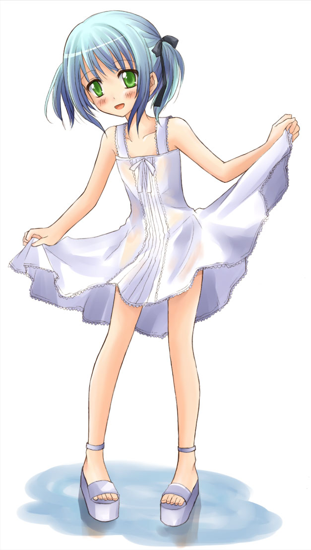 bbb (carrot grass), bbb (twintailbiyori), 1girl, blue hair, clothes lift, dress, dress lift, female focus, green eyes, solo, twintails