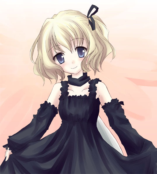 bbb (carrot grass), bbb (twintailbiyori), efa, katahane, 1girl, black dress, blonde hair, blue eyes, blush, closed mouth, collarbone, detached sleeves, dress, female focus, hair ribbon, long sleeves, looking at viewer, ribbon, short hair, side ponytail, smile, solo, upper body