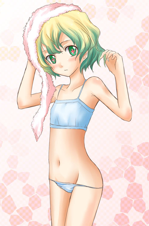 bbb (carrot grass), bbb (twintailbiyori), nia teppelin, tengen toppa gurren lagann, 00s, 1girl, bra, female focus, lingerie, panties, solo, towel, training bra, underwear, underwear only