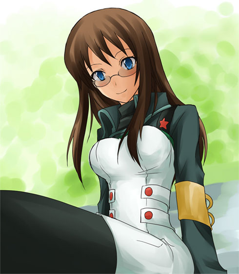 bbb (carrot grass), bbb (twintailbiyori), kinon bachika, tengen toppa gurren lagann, uniform, 00s, 1girl, black pantyhose, blue eyes, brown hair, female focus, glasses, long hair, pantyhose, smile, solo