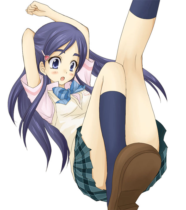 bbb (carrot grass), bbb (twintailbiyori), yukishiro honoka, futari wa precure, precure, 00s, 1girl, arms up, black hair, blue eyes, bow, censored, convenient censoring, convenient leg, female focus, hair ornament, hairclip, kneepits, legs, long hair, open mouth, purple hair, school uniform, serafuku, socks, solo